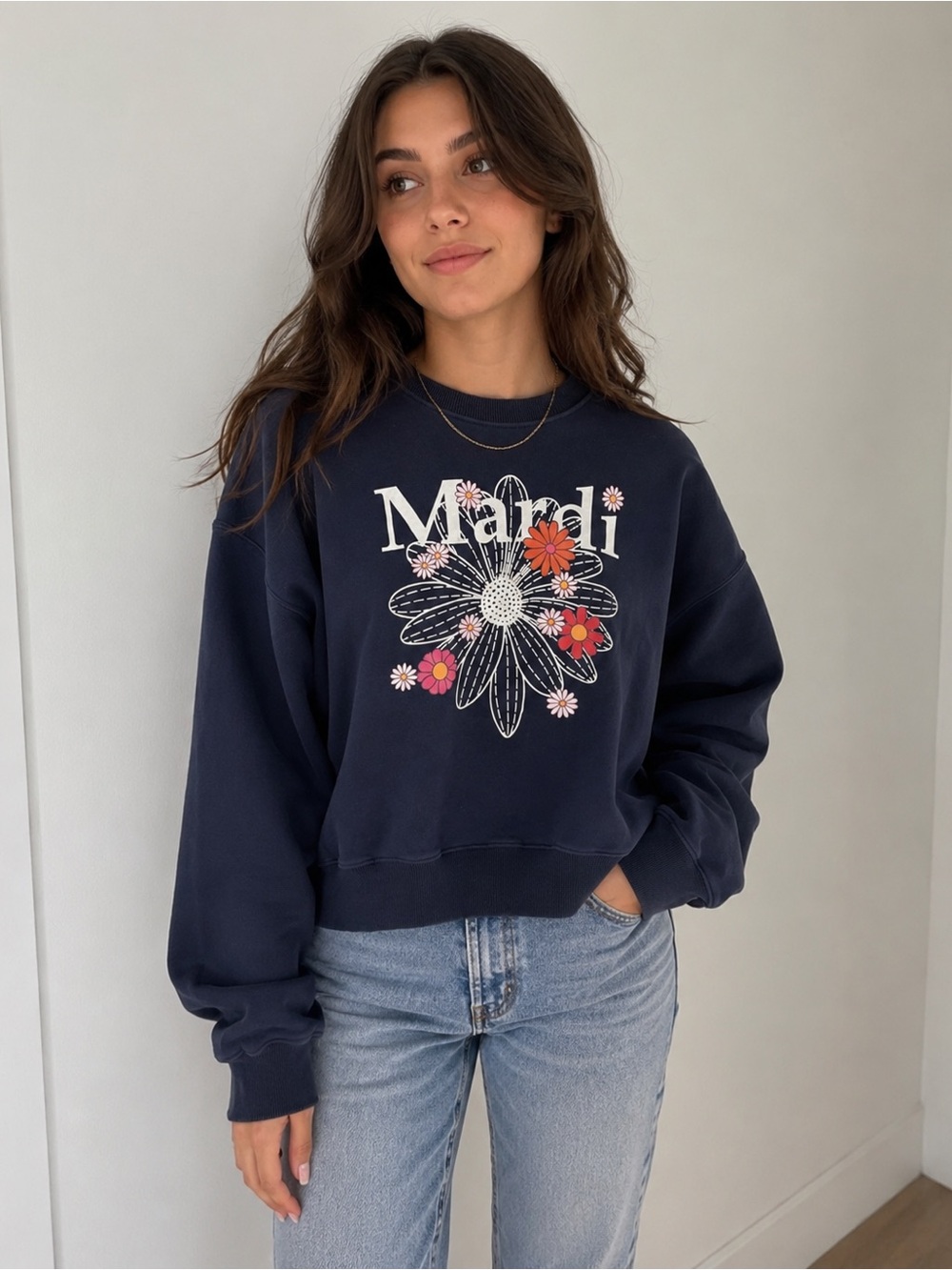 Mardi Mercredi Floral Logo Sweatshirt Navy Blue Size Medium Korean Streetwear